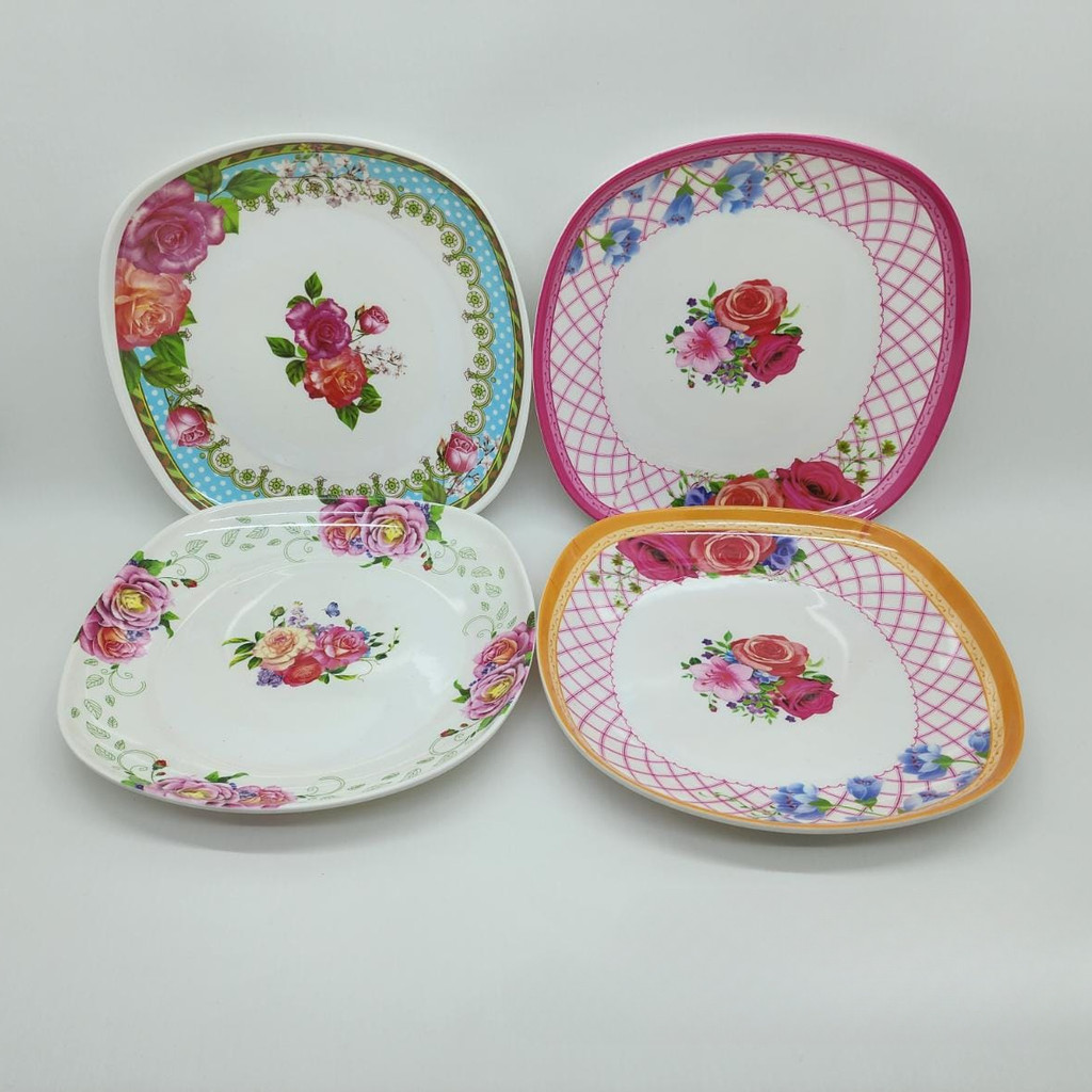 HUGI - Piring Kue Melamin 7.5 inch - Piring Motif Bunga - Piring Kotak - Piring Saji - Piring Kue - 