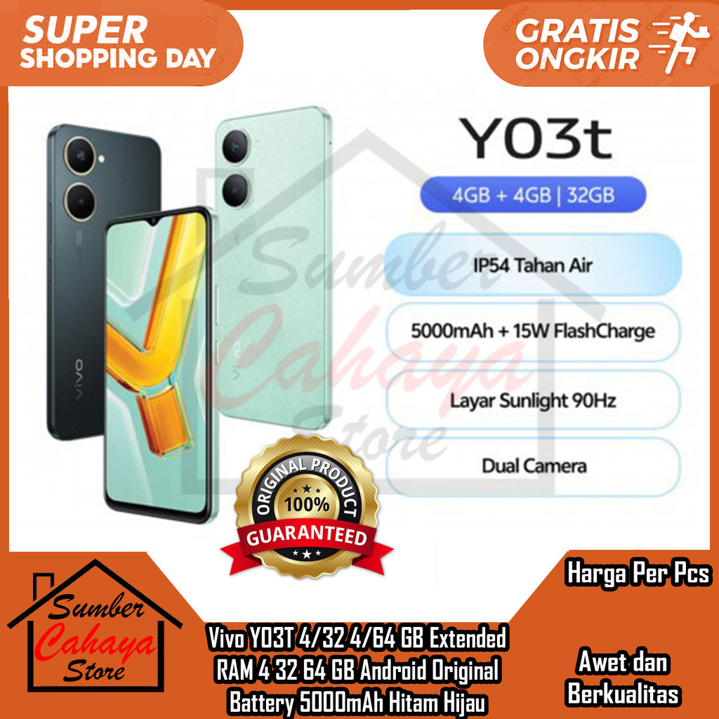 Vivo Y03T AI Dual Camera 4/32GB 4/64GB RAM 4 64 GB 5000 mAh 15W Flashcharge Layar Sunlight 90 Hz And