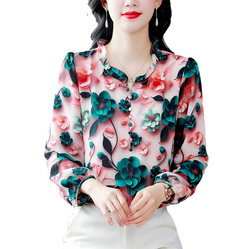 Bebovizi Kain Sifon Bunga Merah Berkualitas Tinggi Blus Wanita Lengan Panjang Kemeja Kasual