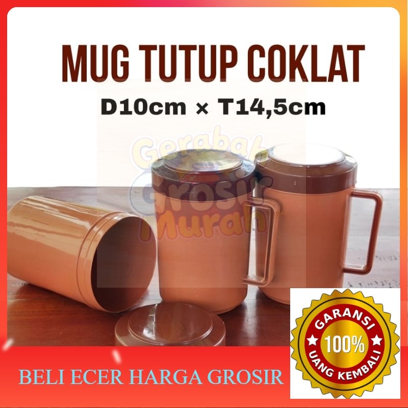 ecer grosir MUG GELAS TUTUP PLASTIK COKLAT (Polos) grosir murah gerabah