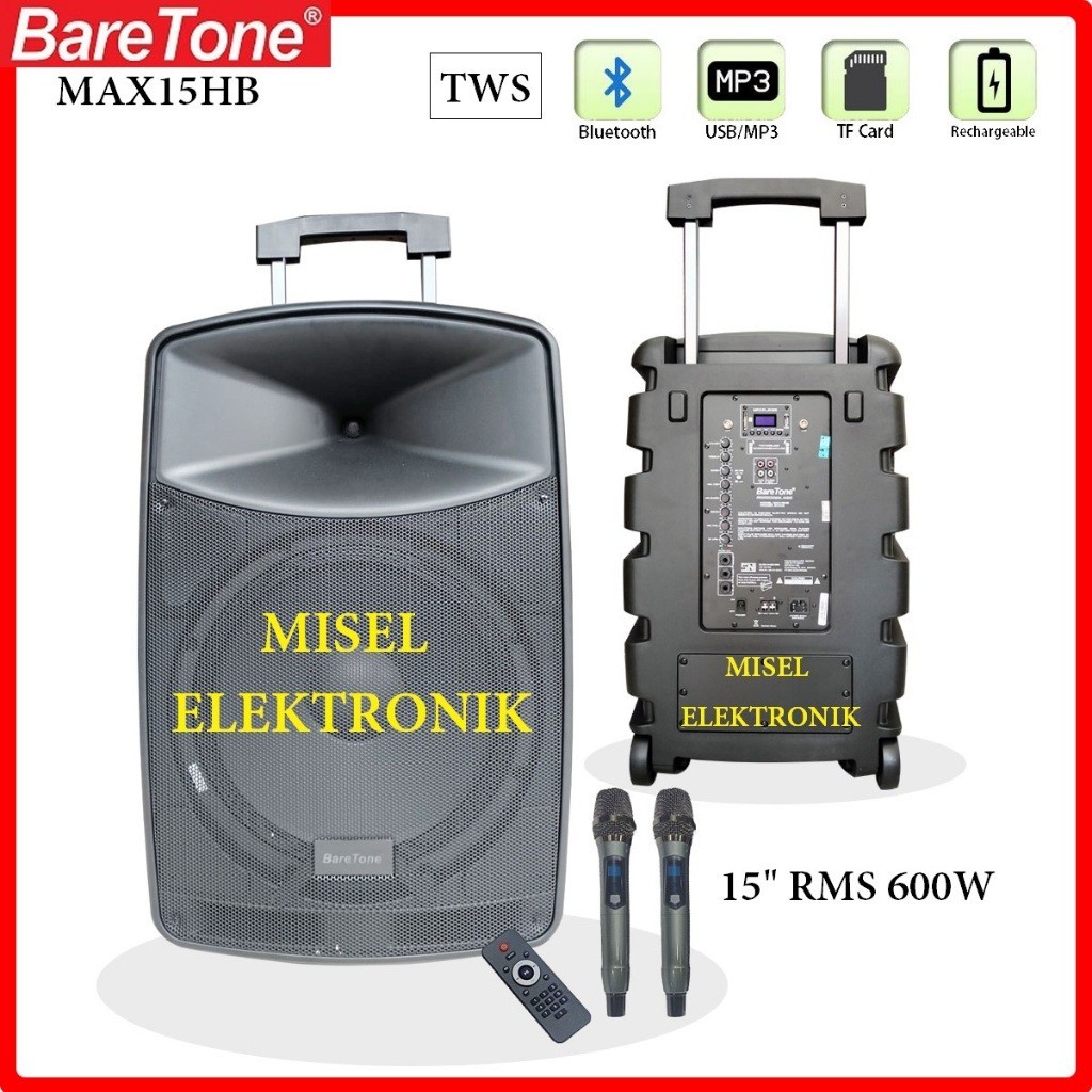 promo spesial sale Speaker Portable 15 Inch BareTone MAX15HB RMS 600 Watt USB Bluetooth