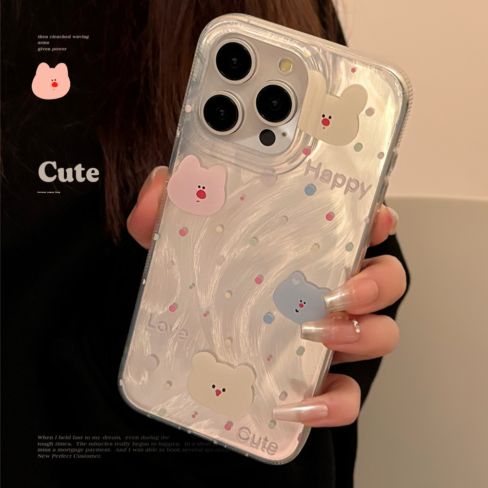 Color Bear case iphone 11 12 13 14 15 Pro Max 14 15 Plus garis bulu dicat dengan pola wajah casing i