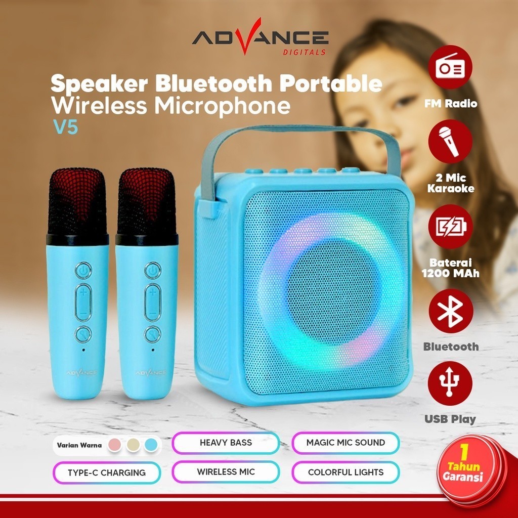 	 Advance V5 Speaker Bluetooth Mini - Speaker Bluetooth Mini - Speaker Bluetooth Lucu 2 Inch Aktif Portable di Luar Karaoke Extra Bass Gratis 1 Microphone Garansi 1 Tahun untuk Hadiah Ulang Tahun Anak	