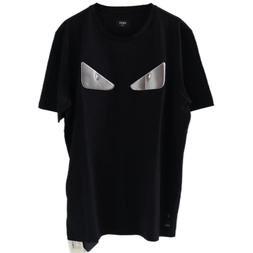 Fendi Silver Stood Eyes Leather Black Tee / Kaos Branded Original