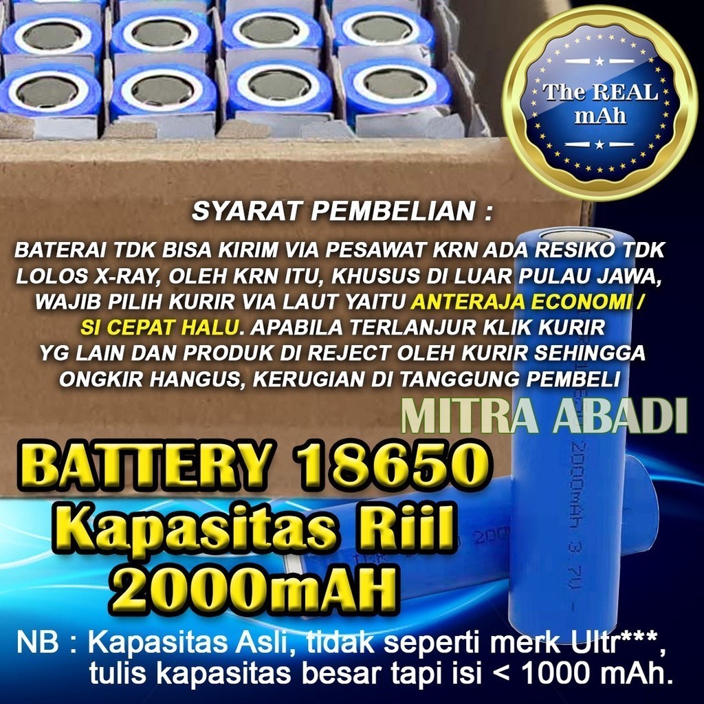 Baterai/Baterai/Battery 18650 Kapasitas Riil 2000 mAh