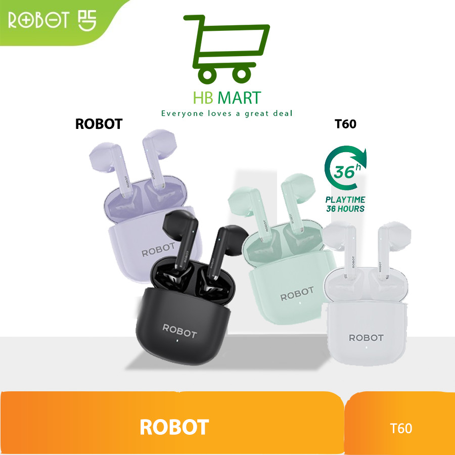 Headset Bluetooth Robot Airbuds T60 Half Ear Wireless  / ROBOT WIRELESS EARPHONE AIRBUDS T60 ORIGINA