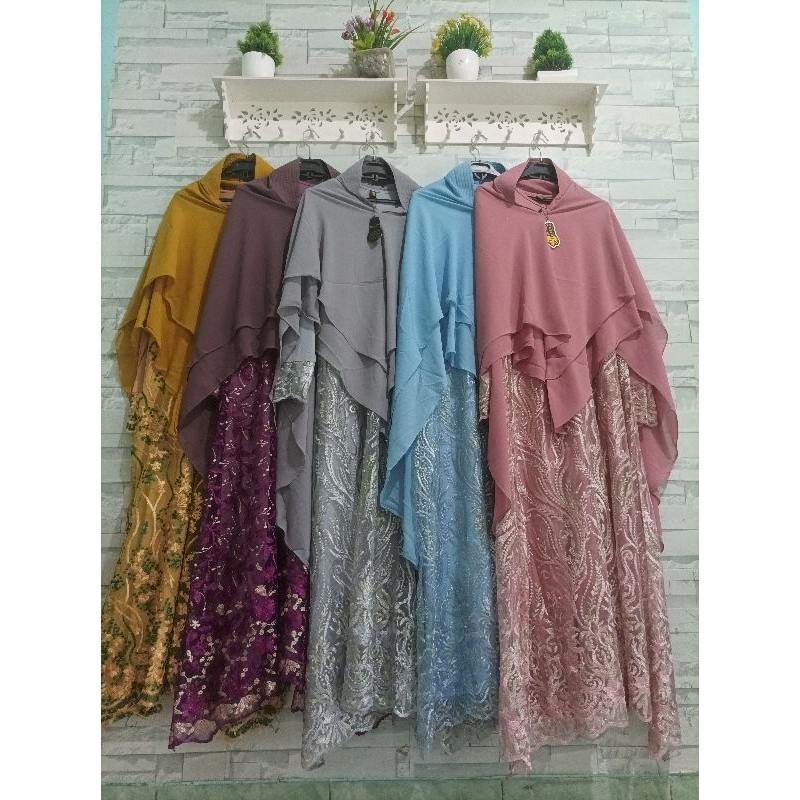 Set Syari Jumbo Brokat 3D Full Keliling Gamis Set Khimar Brukat Tile Glitter Bahan Hijab Ceruty Ceru