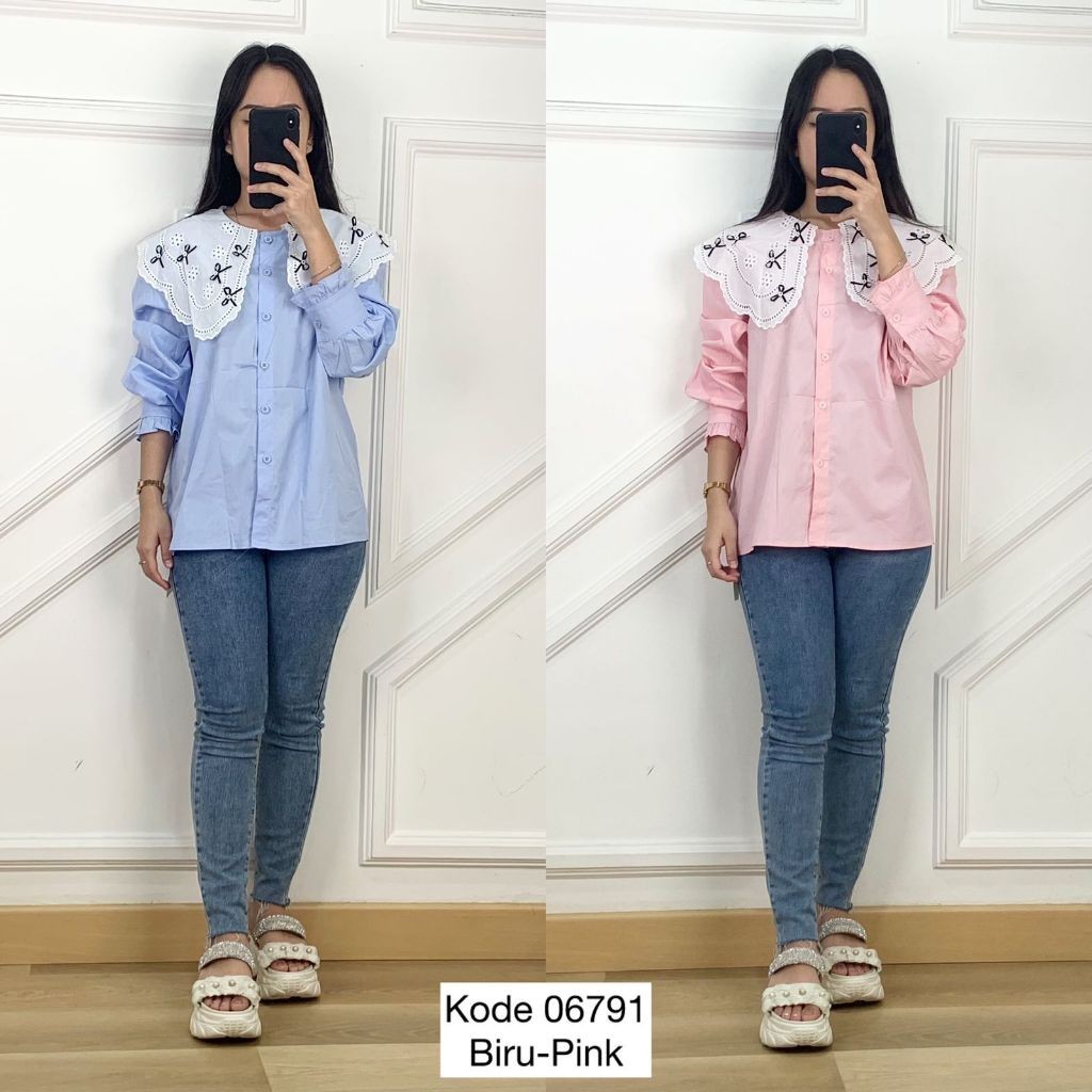 06791 BLOUSE KEMEJA KATUN POLOS VARIASI KERAH RENDA KOREA BESAR VARIASI ACC PITA 3D MIX PEARL MANIK 