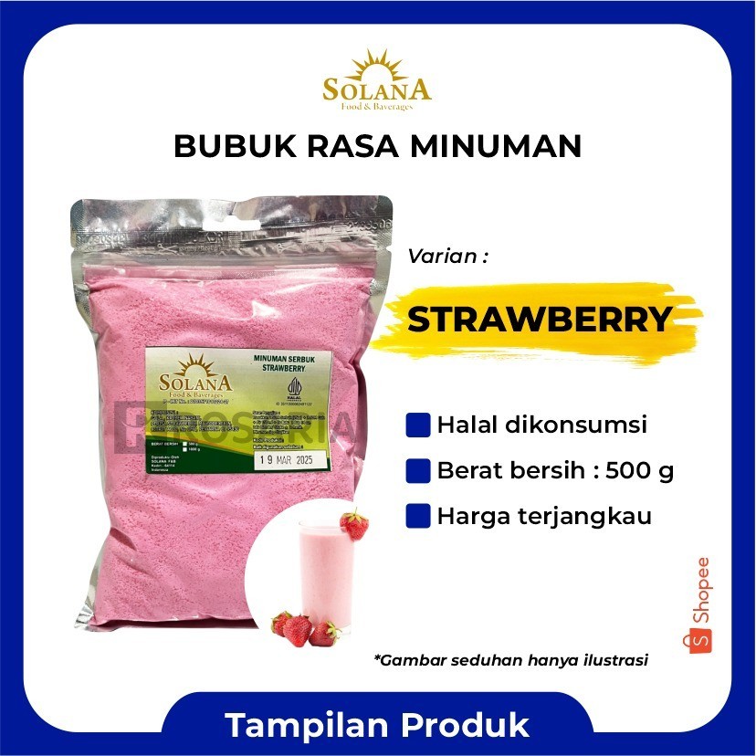 

Bubuk Rasa STRAWBERRY Serbuk Minuman Buah Stoberi Merk SOLANA Premium Kekinian