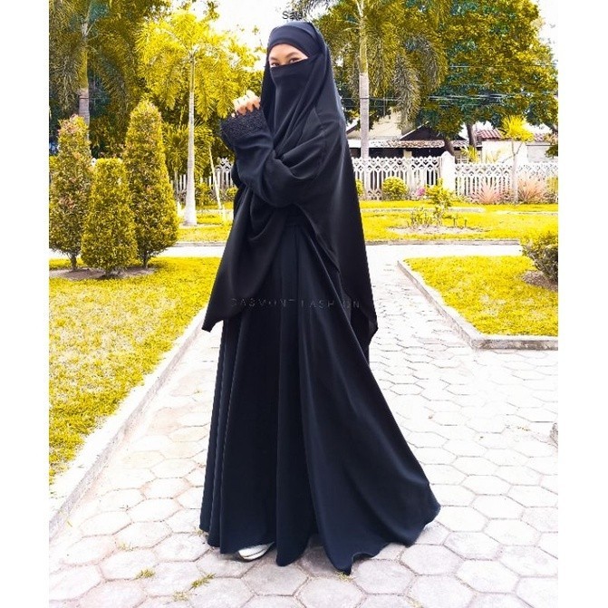 Dasmont Fashion Abaya Jetblack Hitam Pekat Basic Dress Payung Lebar 4 meter Renda Lengan Gamis Arab
