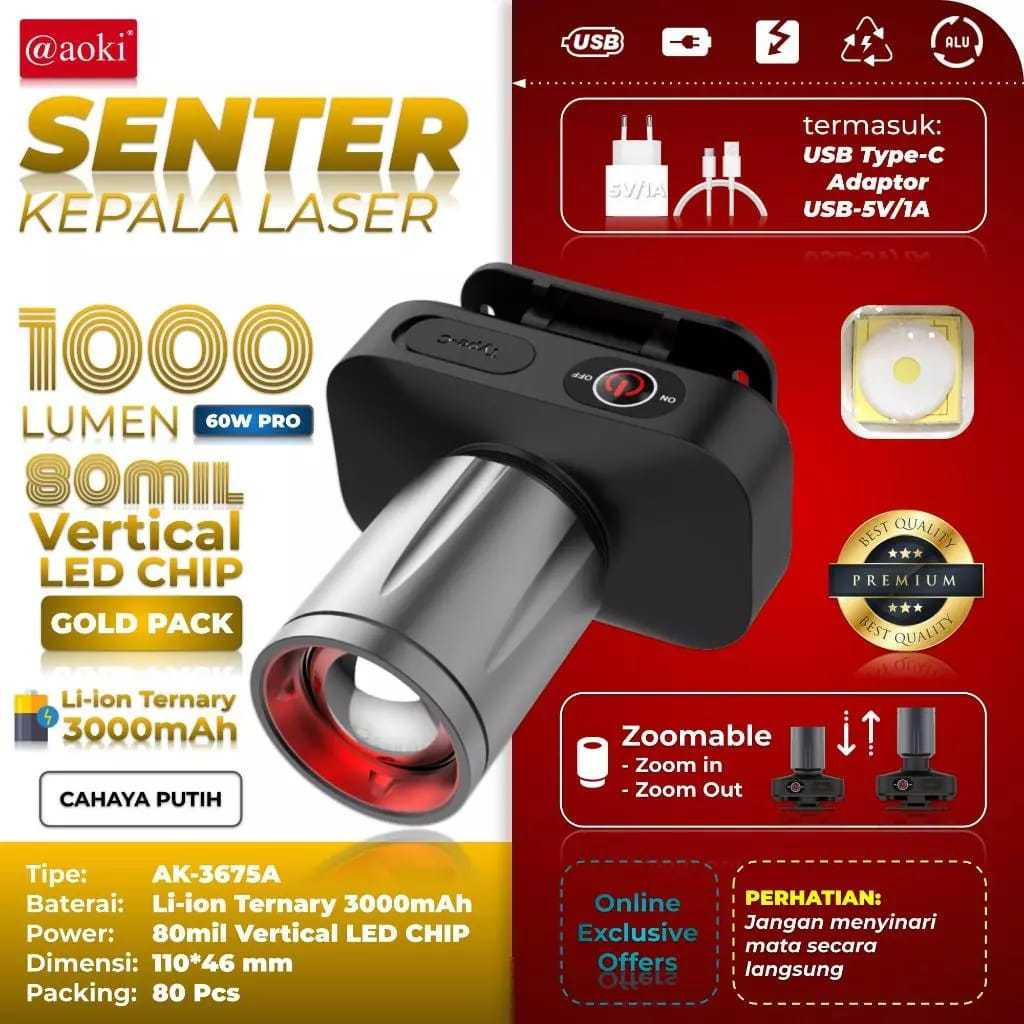 SENTER KEPALA ZOOM AOKI AK-3675A 60W PRO 1000 LUMEN - TAHAN LAMA - ZOOM JARAK JAUH
