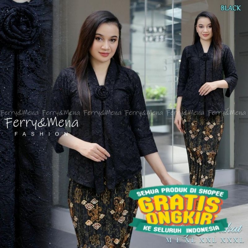 Setelan Kebaya Brukat Kutu Baru Floy Dewasa Lengan 3/4 Mix Rok Plisket Batik Panjang Dewasa LD 110 B