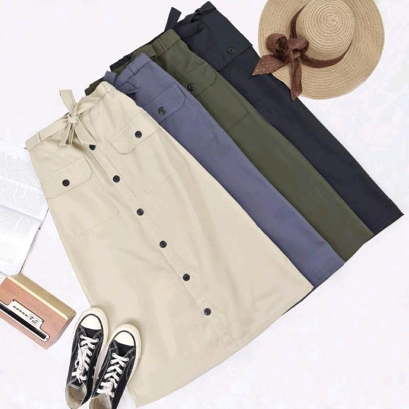 Rok Arasy kancing depan// Rok panjang skrit A-Line Rok Polos Katun Casual