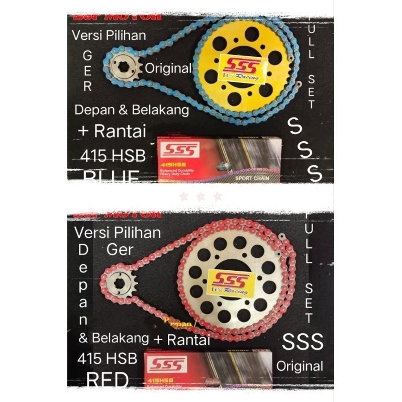 Gear Set FULL SSS 415 KPH, Supra 125/Fit New, Revo, Absolute, Kirana + Rantai SSS 415 HSB BIRU & MER