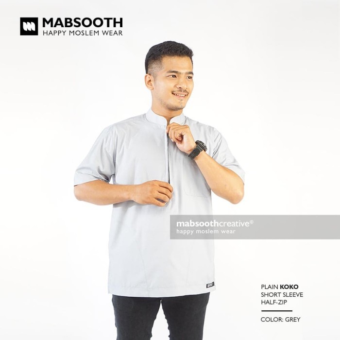 MABSOOTH Baju Koko Pria Muslim Casual Lengan Pendek Tipe Resleting - Putih, M
