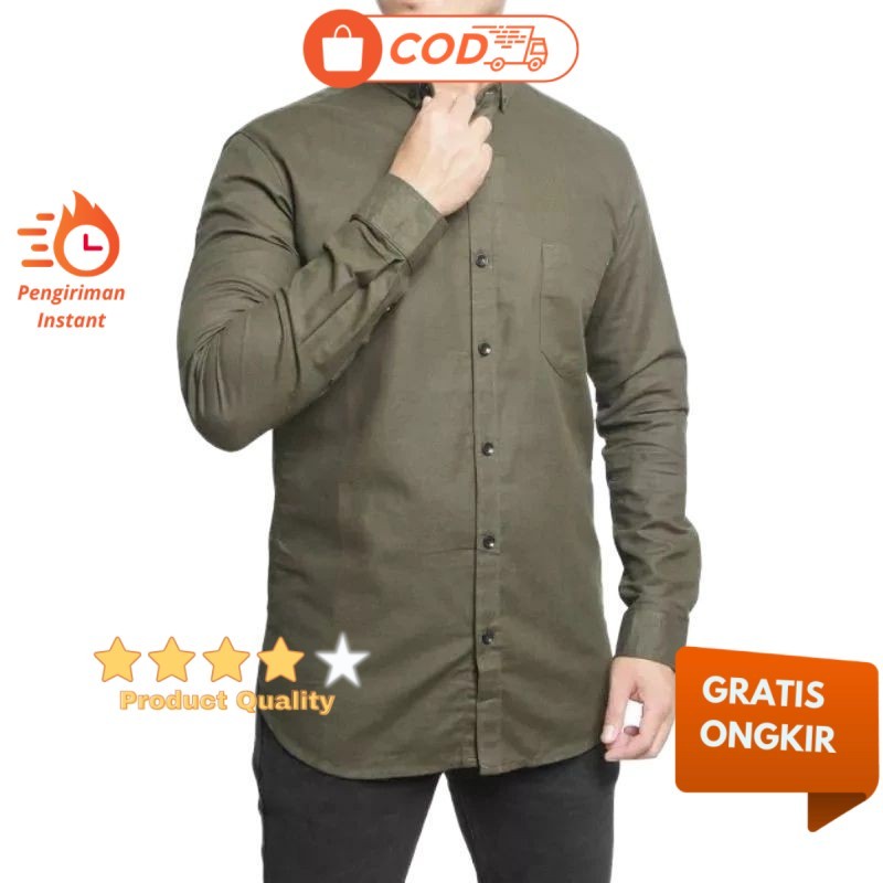 Hurley Kemeja Pria  Kemeja Cowok Polos Lengan Panjang Slimfit Hem Pria Polos Kantor Army