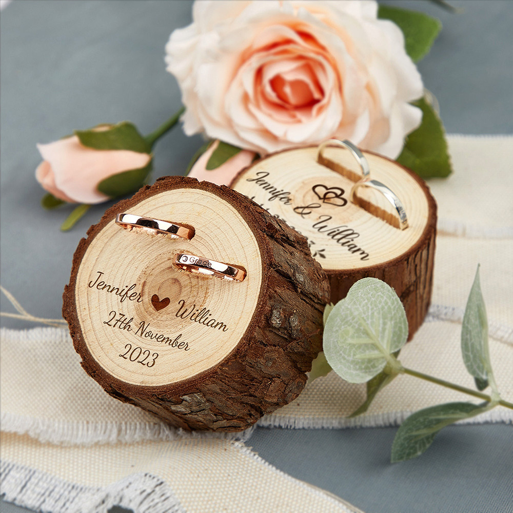 

Personalised Wooden Double Slot Ring Box for Wedding Ceremony Engagement Anniversary Gift Rustic Engraved Ring Bearer Holder Box