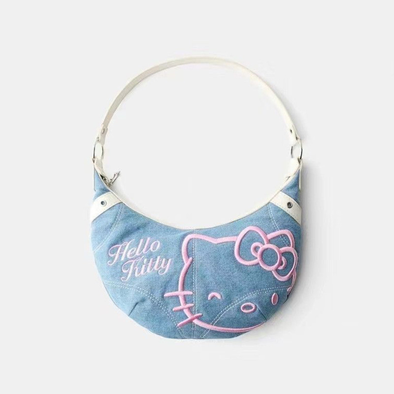 

Sanrio Hello Kitty Y2k Denim Half Moon Bag Japan Style Kawaii Embroidery Underarm Bags Cute Anime Zipper Shoulder Bags For Women