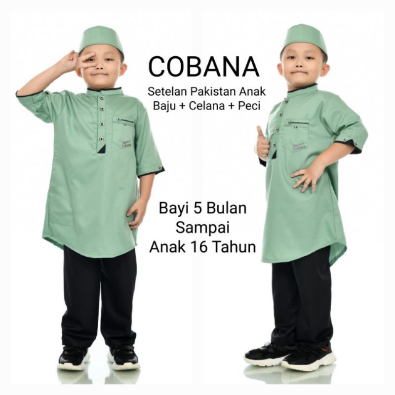 Cobana Moslem - Baju Koko Setelan Anak Warna Hijau Mint Dan Sage Green Setelan Pakistan Anak