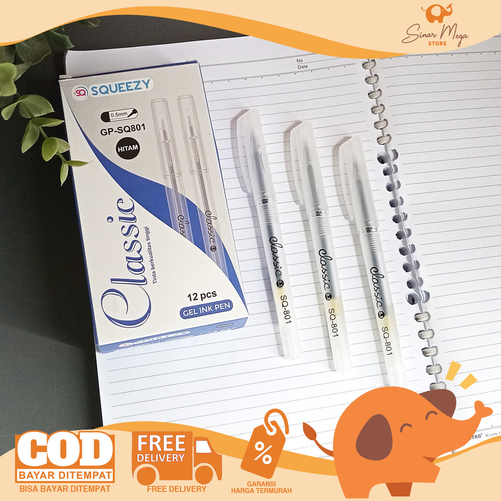 

SQUEEZY Gel Pen SQ801 Classic 0.5mm Black DIJUAL LUSINAN - Pulpen Gel Hitam Isi 12 Murah