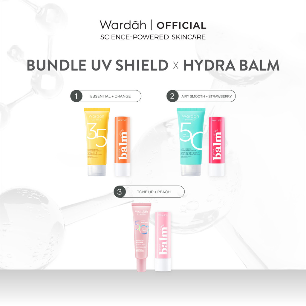 [BUNDLE] WARDAH Paket Hydrabalm Lip Care + UV Shield Sunscreen - Lip Balm, Sunscreen - Hydrating, Pe