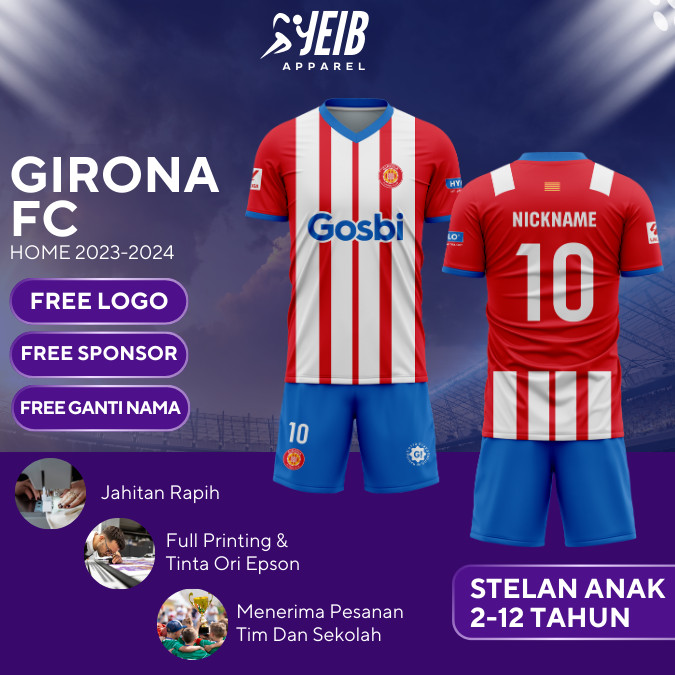 JERSEY BOLA ANAK GIRONA FC HOME 2023-2024 LA LIGA JERSEY BOLA FULL PRINTING JERSEY BOLA CUSTOM NAMA