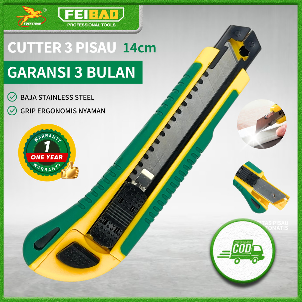 

Feibao Cutter 3 Pisau / 3 Blade Utility Knife / Penggantian Otomatis / Stainless Steel / F32-3