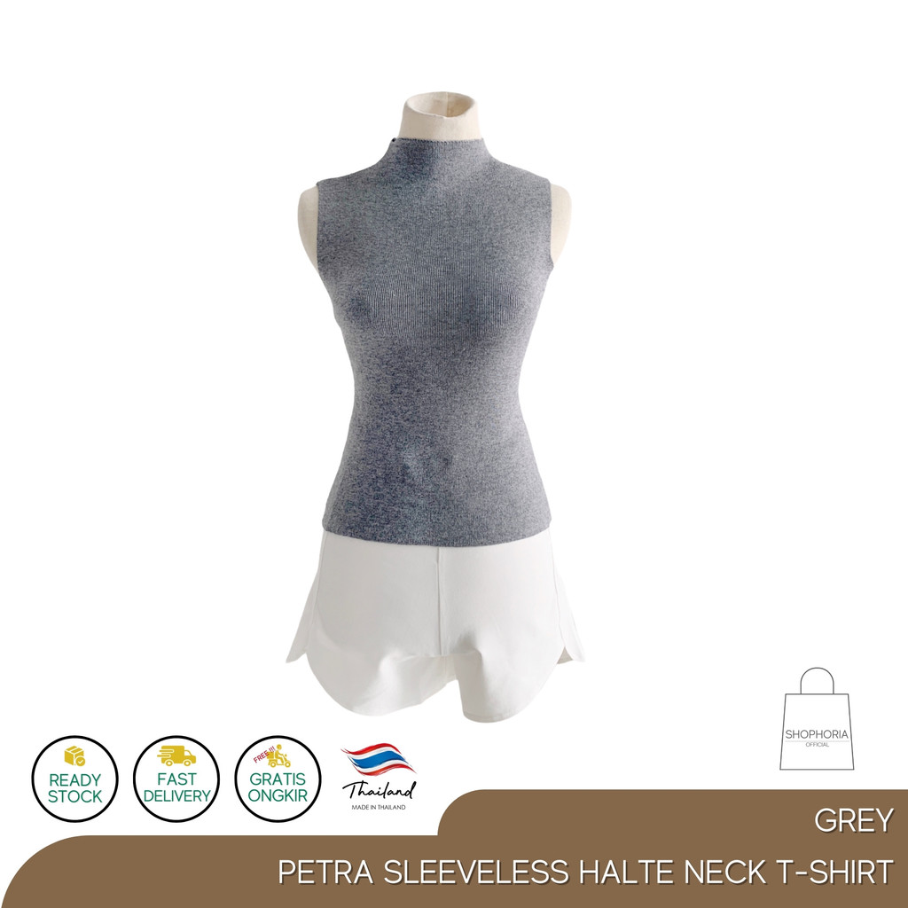 Baju Atasan Blouse Wanita Petra Tops Halter Neck Rajut Abu Thailand