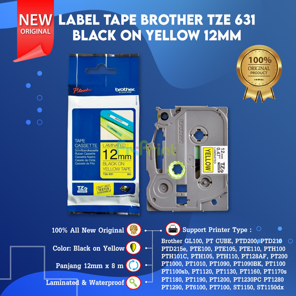 

Label Tape 12mm TZe-631 TZE631 Black On Yellow Casette Original