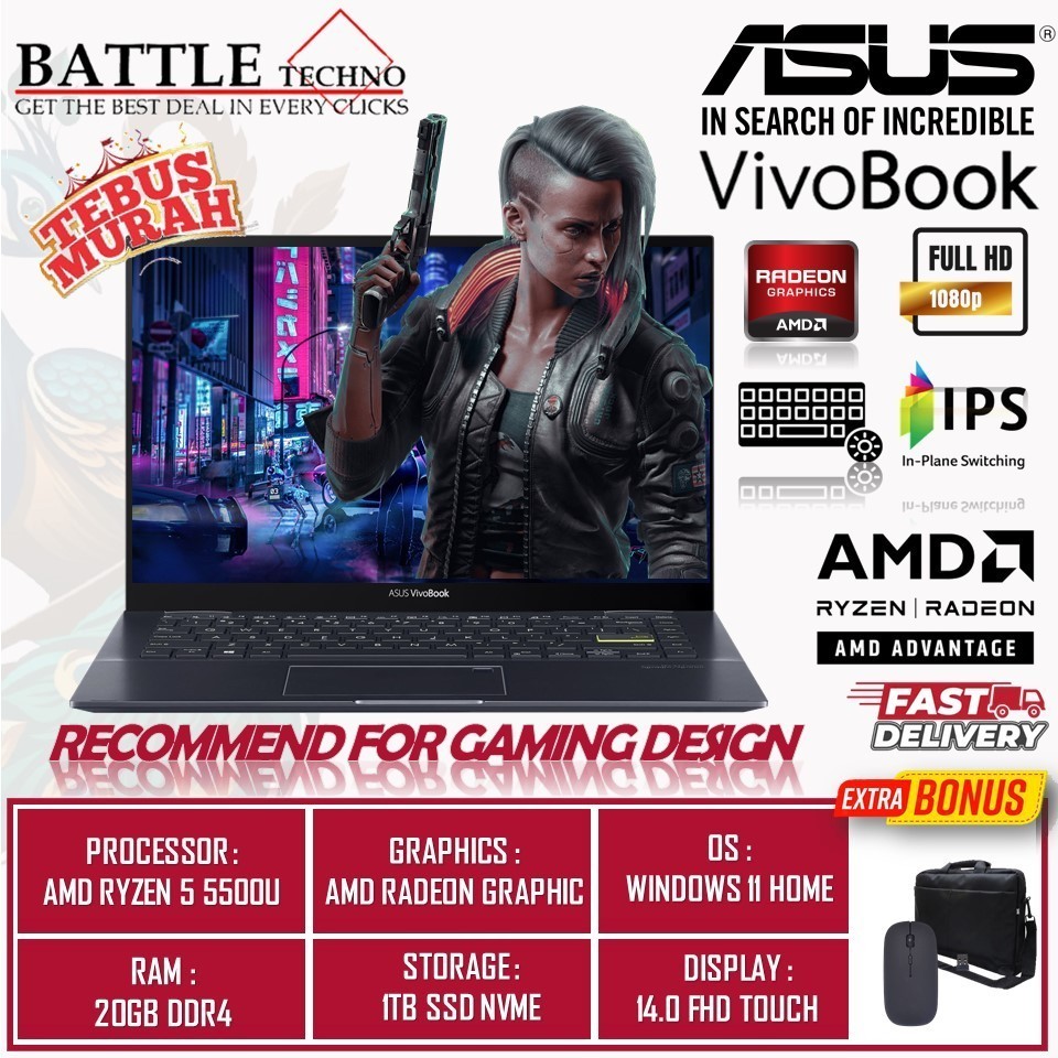 LAPTOP GAMING TOUCHSCREEN ASUS VIVOBOOK TM420UA AMD RYZEN 5 5500U RAM 20GB SSD 1TB 14.0 FHD WINDOWS 