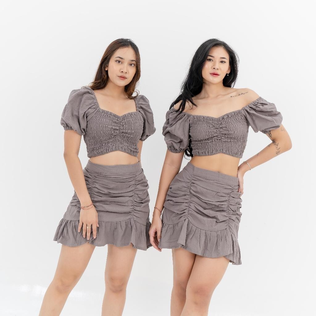 Claudia Set / Top Blouse Sabrina Serut / Mini Skirt / Atasan Plus  Rok  / Setelan Sabrina Terbaru Mu