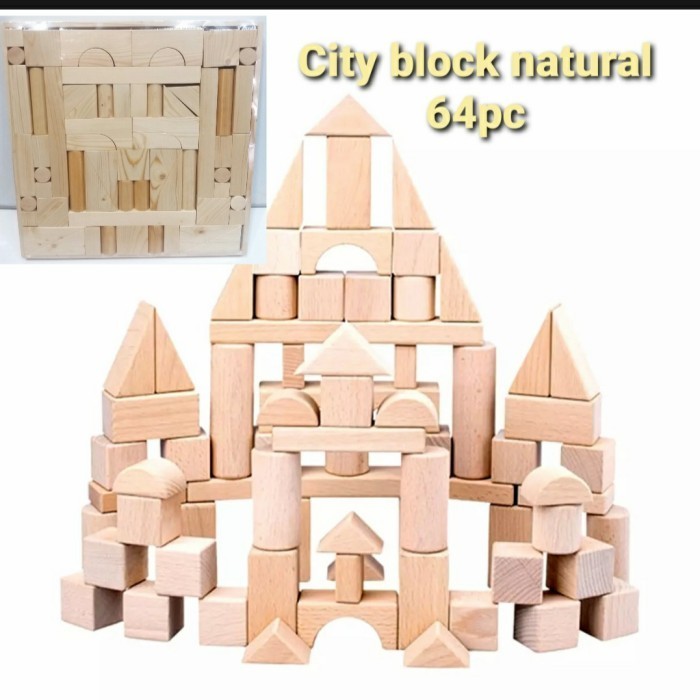 Mainan kayu edukasi anak Balok bangun Natural 64pc balok susun kayu