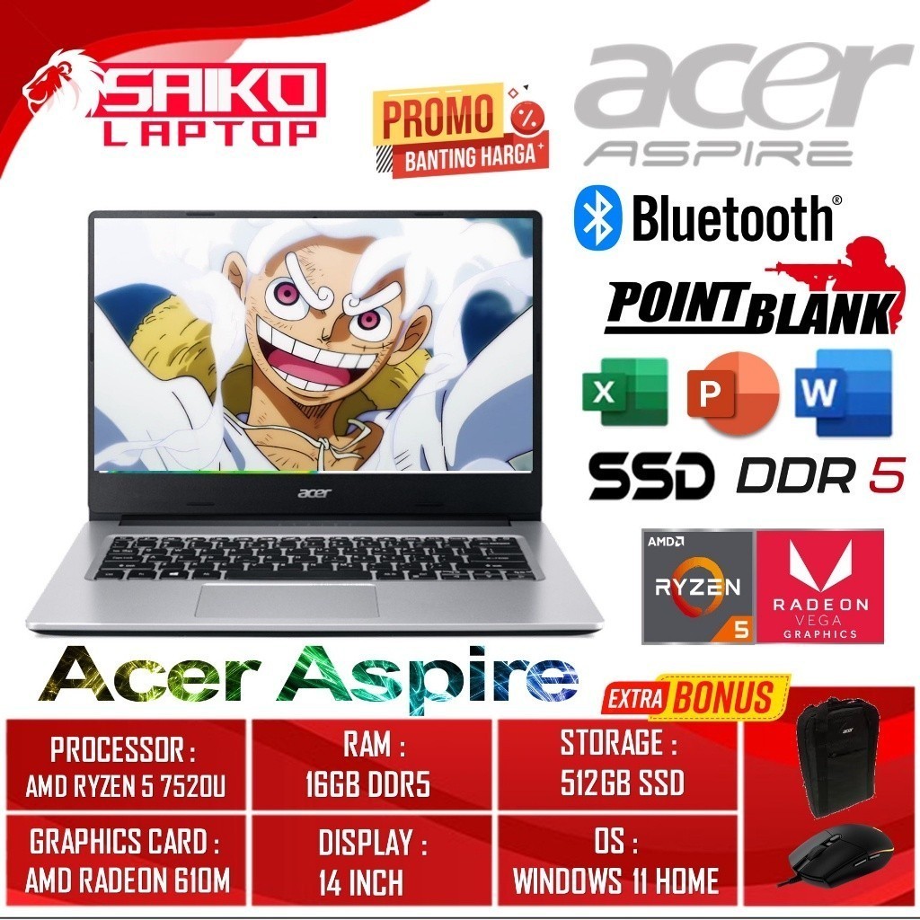 Laptop Gaming Baru Acer Aspire 3 A314 Amd Ryzen 5 7520U Ram 8GB 16GB 512GB SSD 14 inch Win11home Terlaris