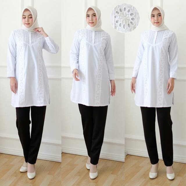Sakhapremium.id - AMH 04 Baju Putih Atasan Wanita Tunik Putih Kombinasi Renda/ GAMIS MODEL BARU MURA