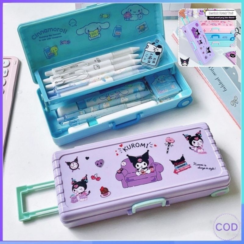 

【COD】kotak alat tulis stiker sanrio/bentuk kotak troli kreatif dengan roda/kotak alat tulis kapasitas besar tahan air dua lapis