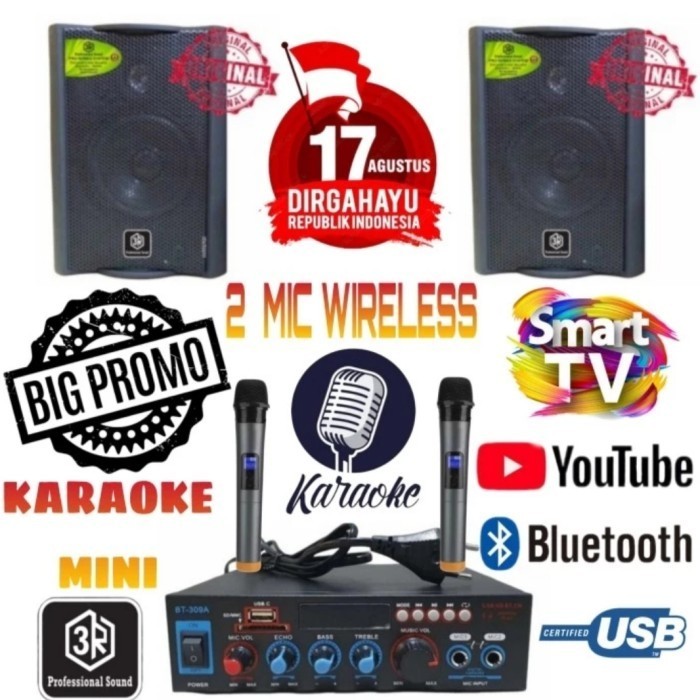 Paket Sound Karaoke Mini 4 Inch 3R 2 Mic Wireless Ampli Bluetooth