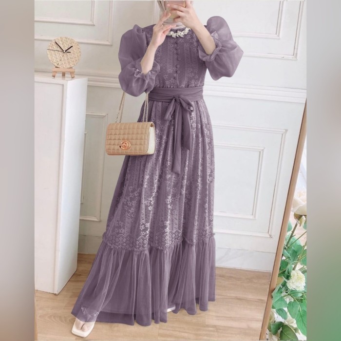 Dress Aryani Mauve size m Gamis wanita baju brukat murah ina at