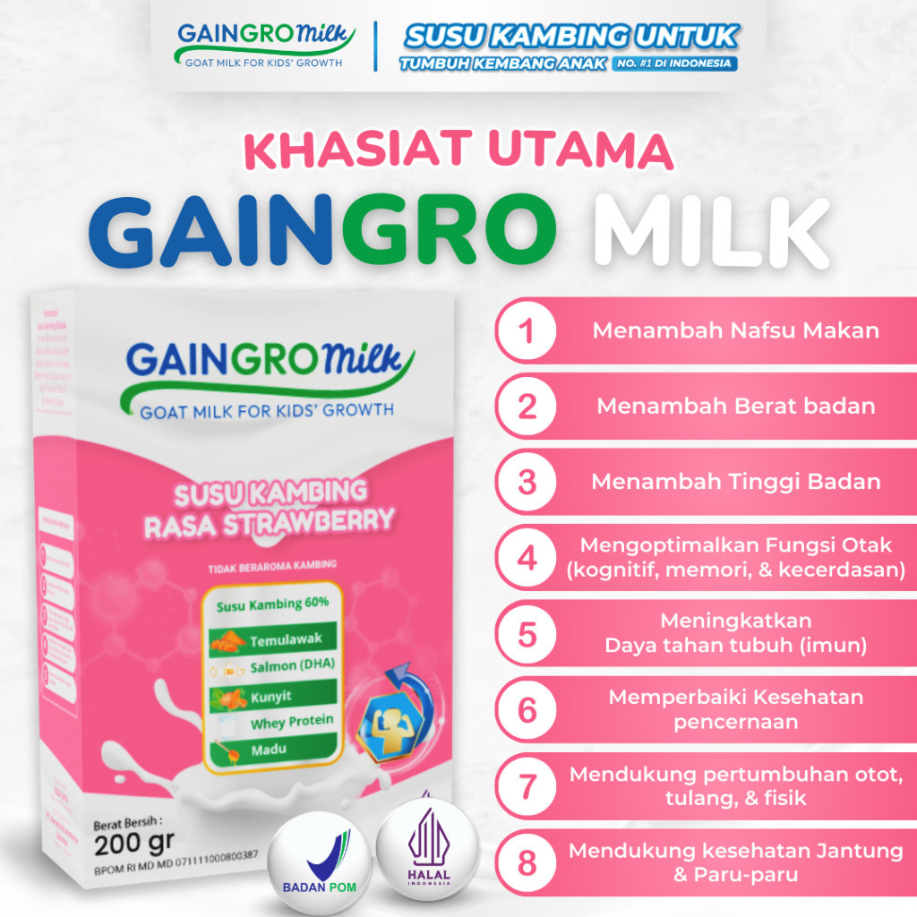 

SUSU KAMBING STRAWBERRY - Susu Penggemuk Badan Anak / Susu Penambah Tinggi - GainGro Milk Indonesia