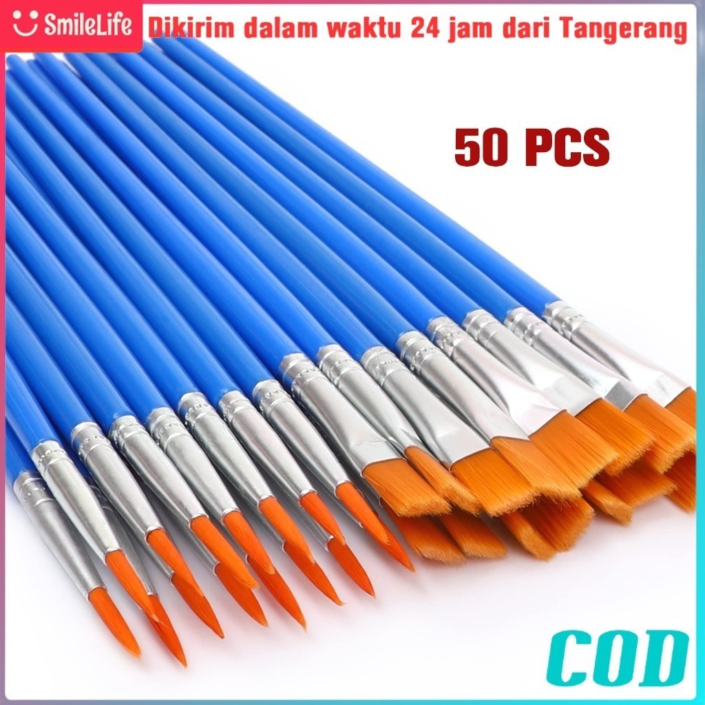 

50PCS Kuas Lukis Cat Air/ Kuas Lukis Akrilik Brush/Pointed Dan Flat/Artist Paint Brush Nilon