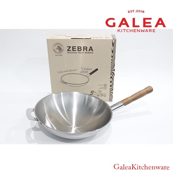 BERKUALITAS Wajan Zebra Stainless Chinese Wok Vitalux 30 Cm 3 Ply Teak Wood Kayu - 34cm