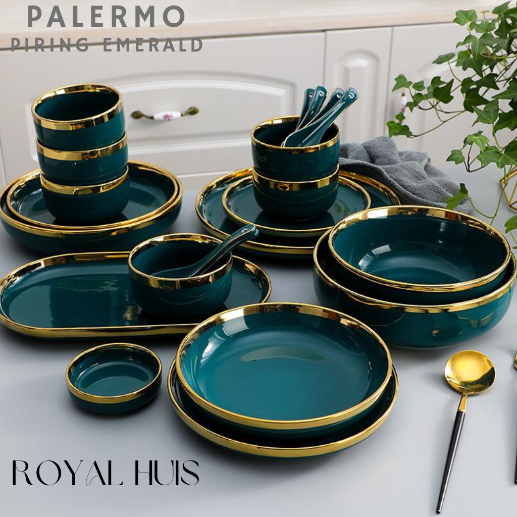 Piring Makan Keramik Hijau Gold / Piring Emerald Keramik List Gold / Mangkuk Keramik Hijau Emerald G