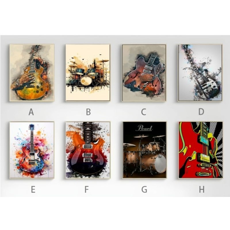 Hiasan dinding kamar gambar gitar ukuran 20x29 bingkai kayu, Dekorasi dinding studio musik ukuran A4