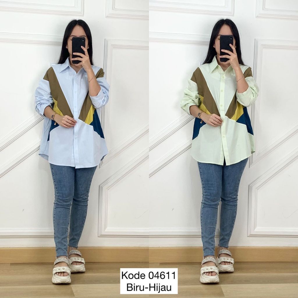04611 KEMEJA  VARIASI MOTIF TRIPLE COLOR LENGAN PANJANG KERAH V NECK PREMIUM WANITA BASIC KEMEJA PAN