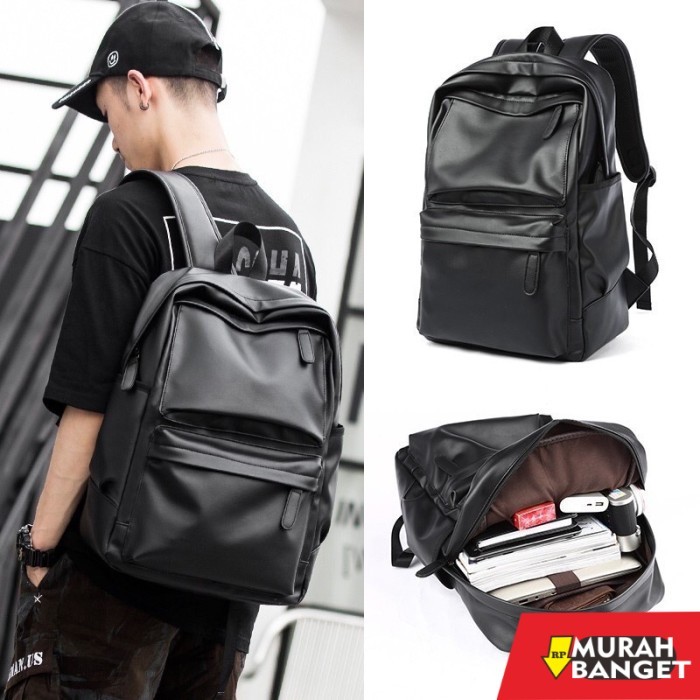 tas ransel wanita import Tas Ransel Kulit Laptop Backpack Pria Wanita Sekolah Hitam Polos Korea - Bl