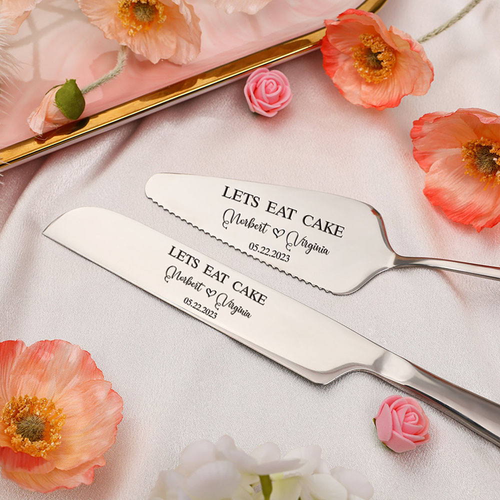 Custom Engagement Engraved Gold Cake Cutlery Set Wedding Name Cake Cutting Knife And Spatula Set Cus