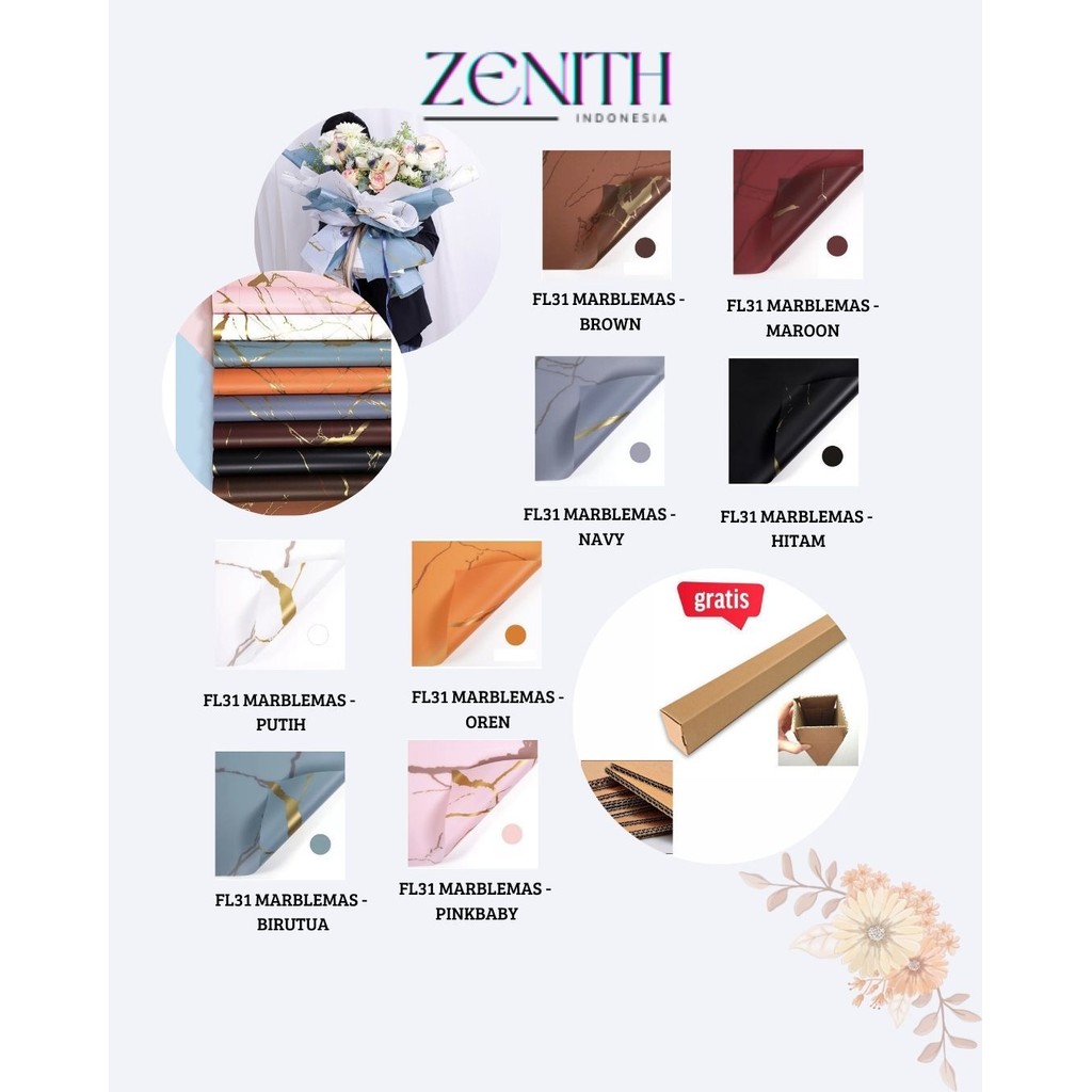 

Zenith - (5 LEMBAR) - FL31 MARBLEMAS Kertas Bunga Paper Buket Motif Marble Emas Florist Kado Cellophane