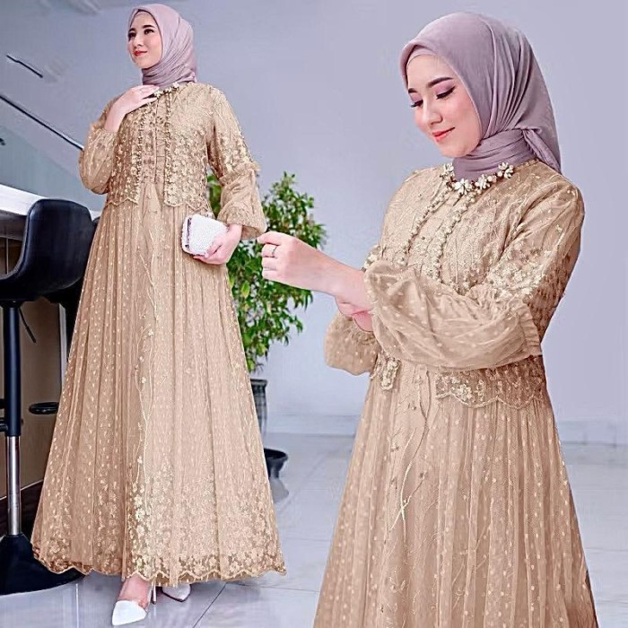 Gamis felika pesta dress brukat tile dot LD 90 100 110 120 130 jumbo hijau sage PS - S-M (LD.90cm)