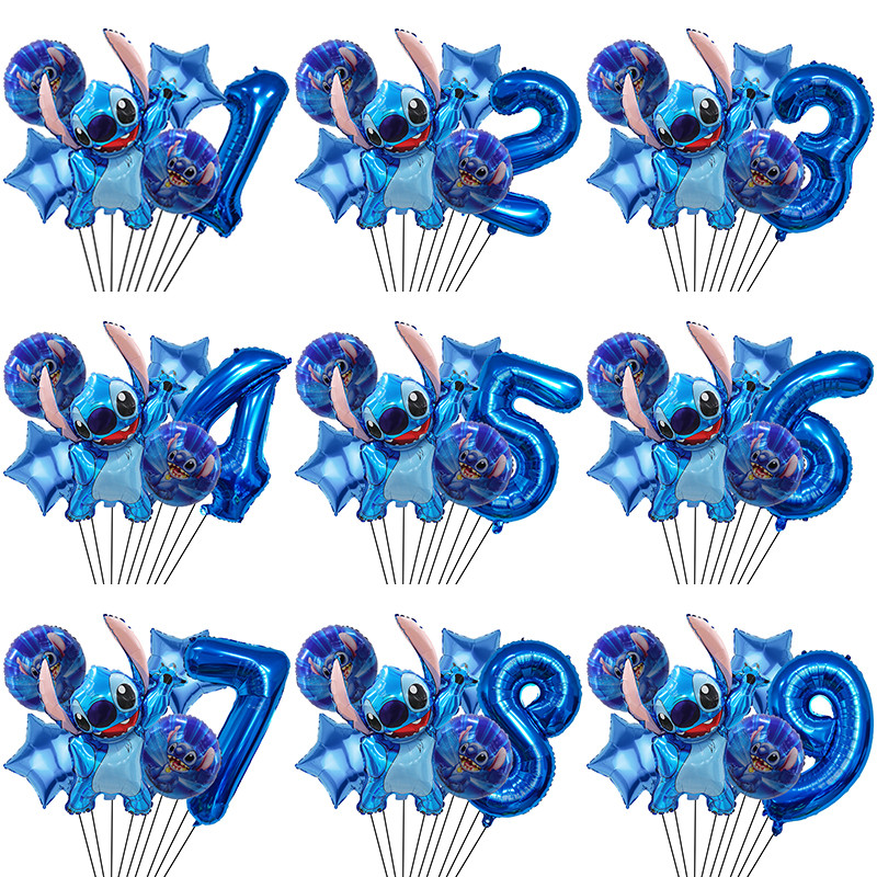 

6 Pcs Blue Stitch Foil Balloons Set Digit 1-9 Years Old Balloons Cartoon Stitch Themed Baby Shower Kids Birhday Party Decoraions