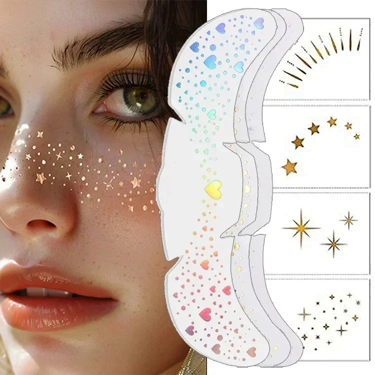 

(spot)6pcs Patches Makeup Bintik-bintik Stempel Panas Radiasi Metalik Emas Perak Bintik-bintik Palsu Stiker Tato Sementara Makeup Wajah