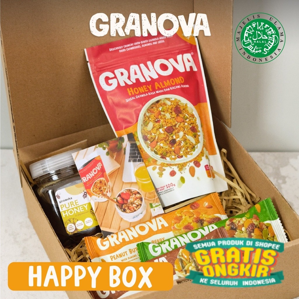 

Granova - Paket Kado / Hampers / Gift Box (1 pc Madu Randu 240gr, 1 pcs Granola 100gr (Pilih Rasa) & 3 pcs Snackbars (Semua Rasa)) - Happy Box/ New kado